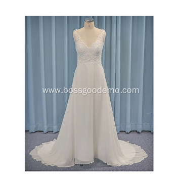 Latest Simple Lace Sleeveless bridal frock wedding dress with Train